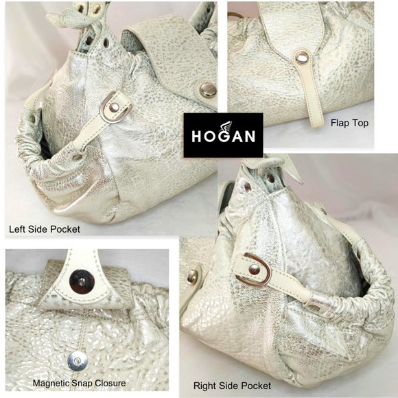 HOGAN Italy Creamy Beige Silver Metallic Hobo Slouchy Leather Large Shou… - Picture 7 of 13